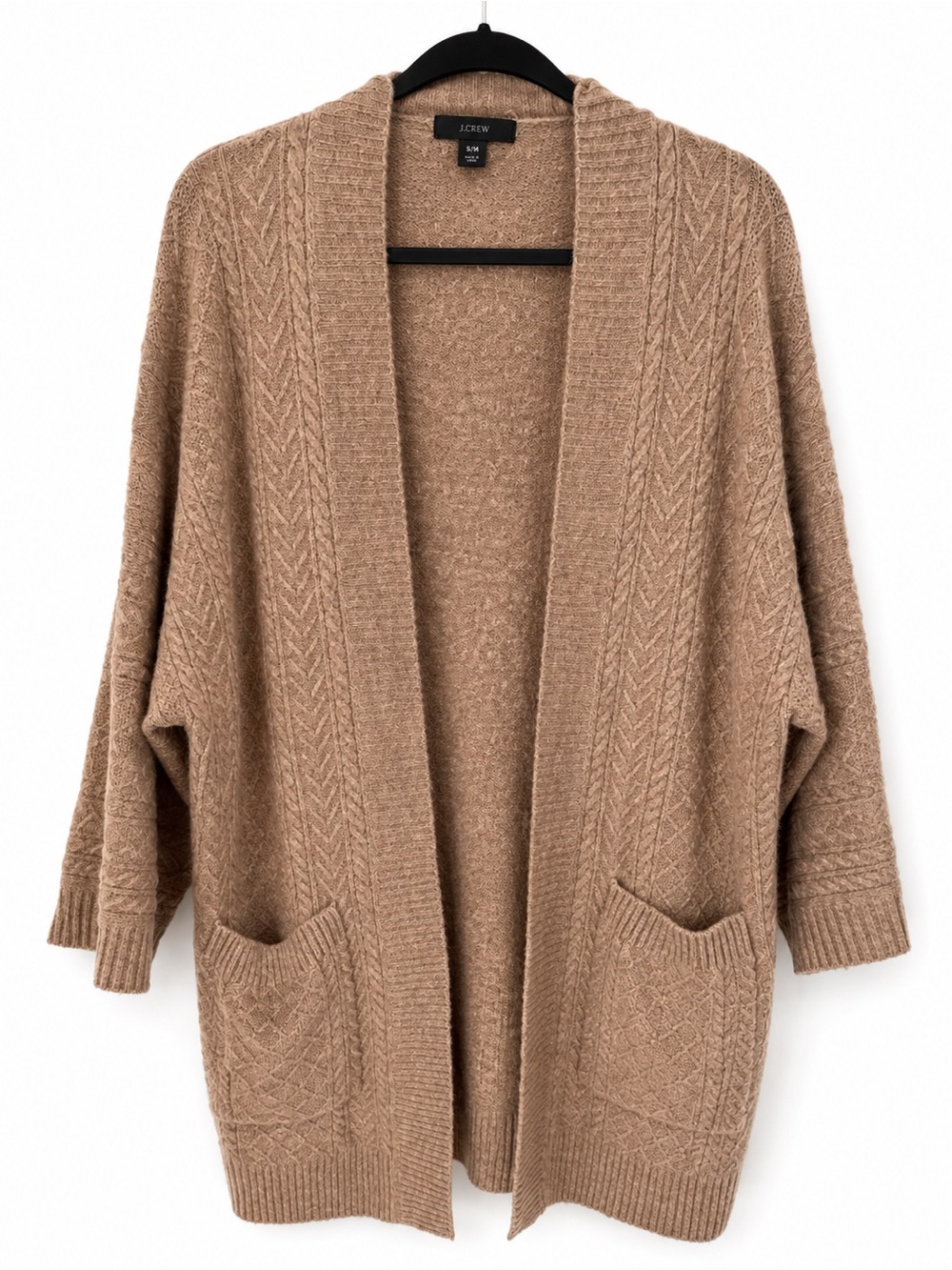 J.Crew Re-Imagined Merino Wool Alpaca Open Front Cardigan Sweater Camel S/M